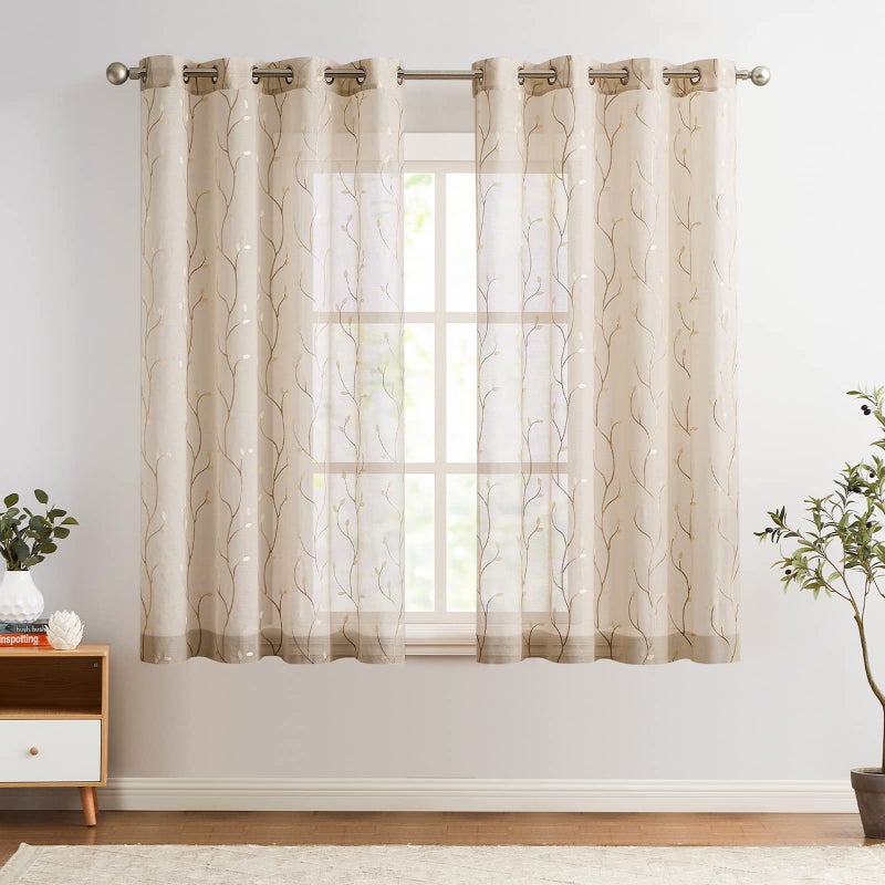 jinchan Sheer Curtains for Bedroom 63 Inch Length Leaf Embroidered Semi Sheers for Living Room Botanical Embroidery Voile Transparent Grommet Window Treatments 2 Panels - Image 2